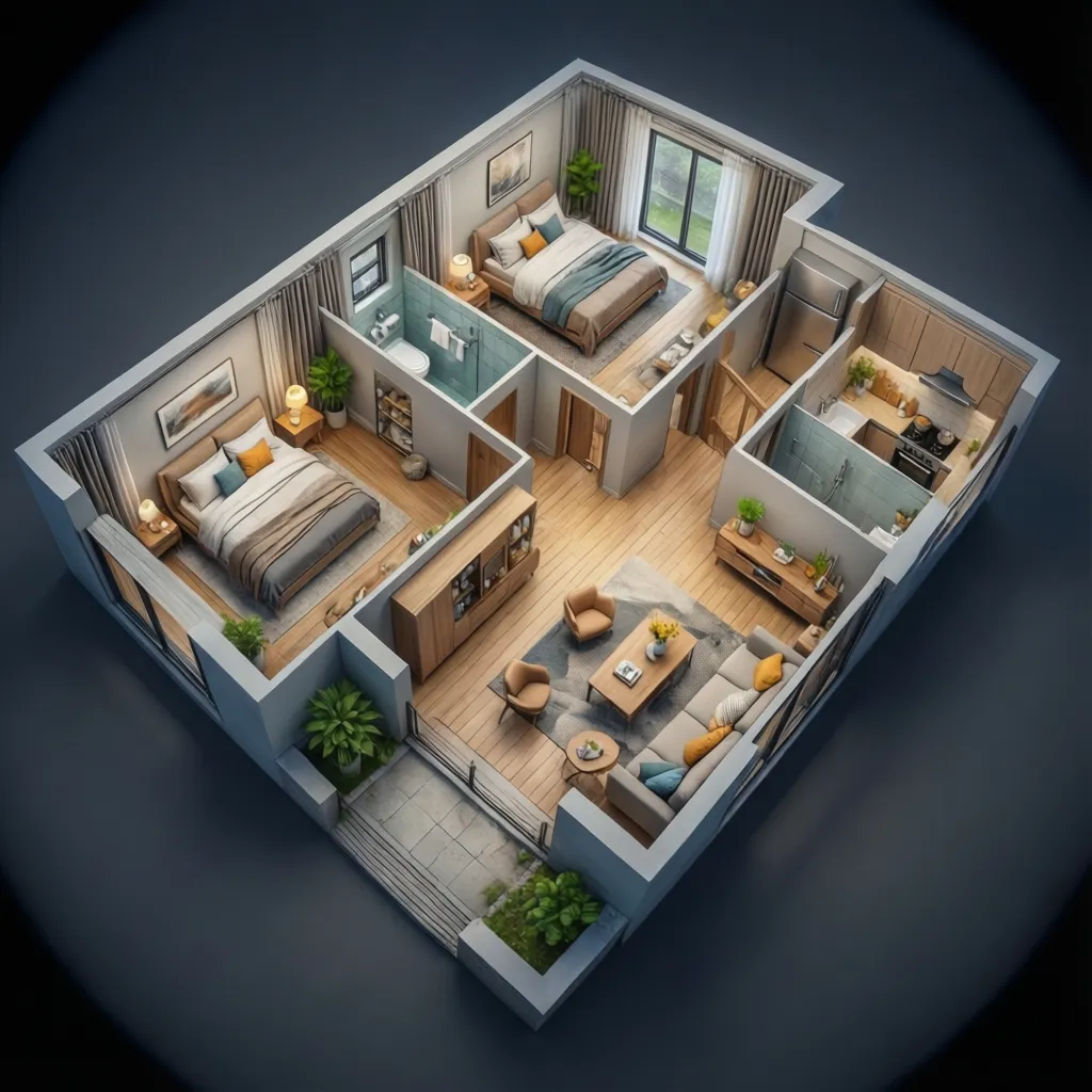 Isometric 3D interior design drawing of a two bedroom apartment with living room and kitchen