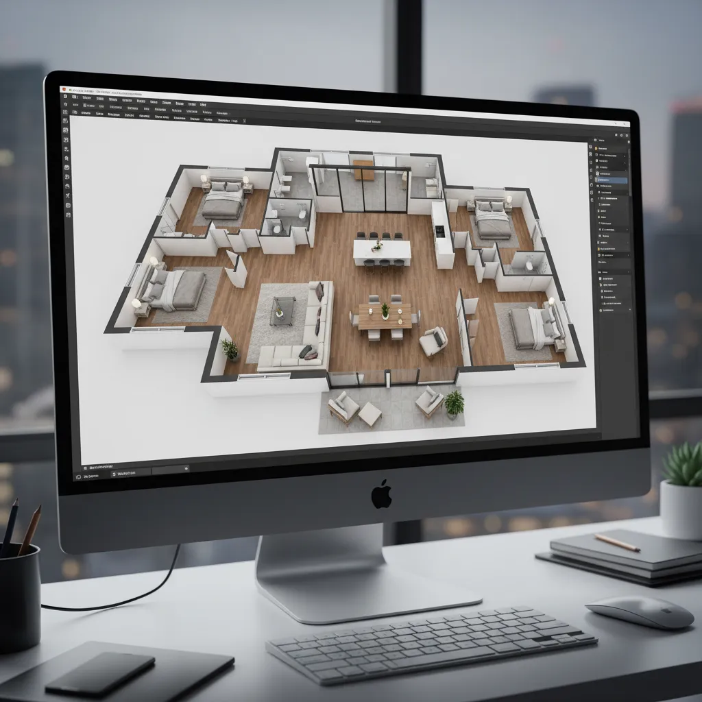 Tampilan visual denah rumah dalam model tiga dimensi