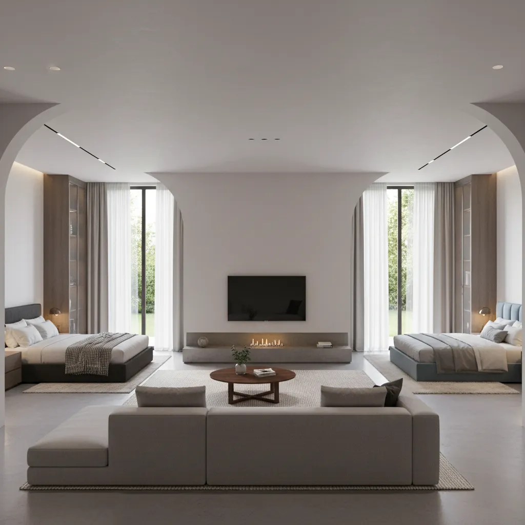 Large modern bedroom suite featuring two double beds central grey sofa television and minimalist fireplace