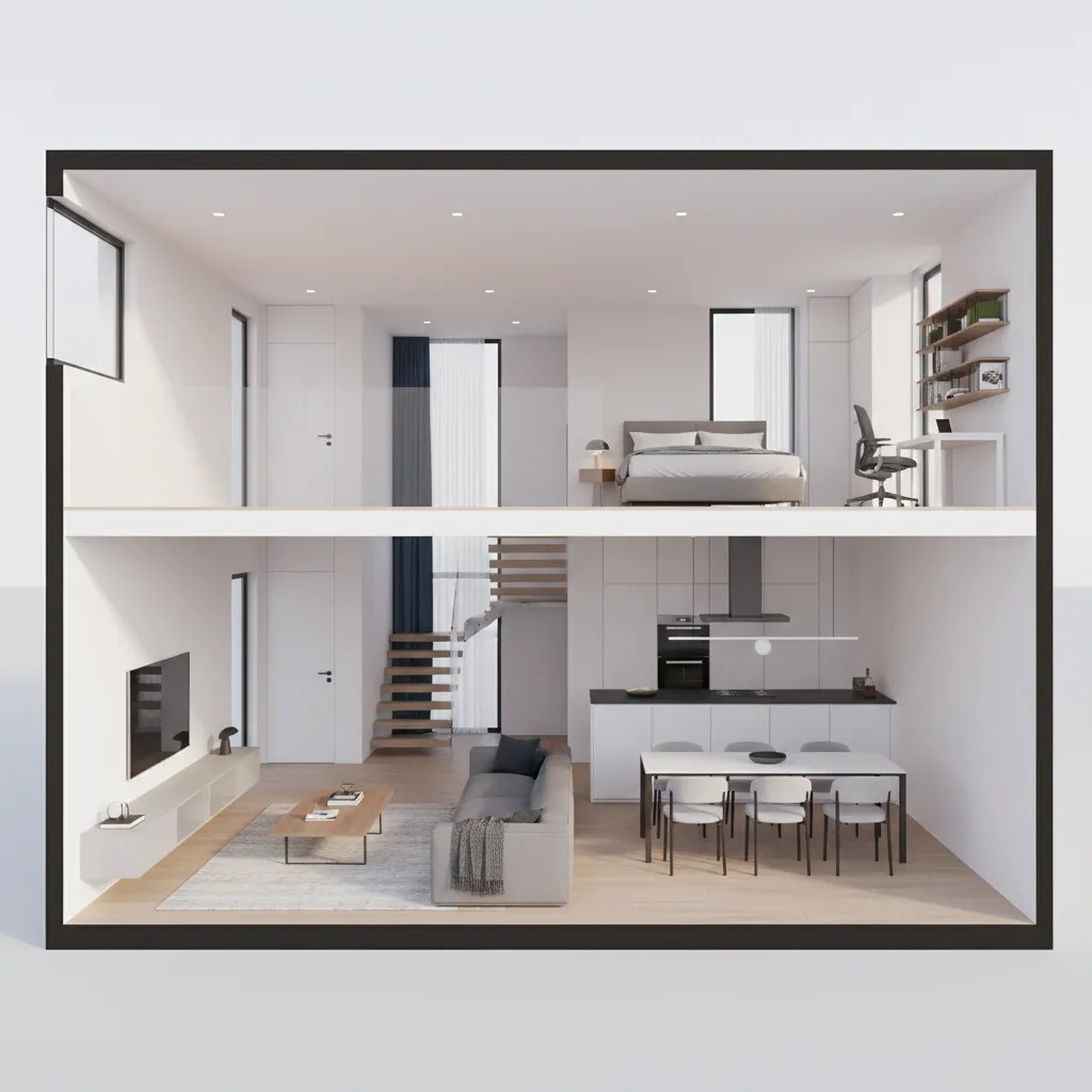 Visualisasi desain rumah minimalis dua lantai dalam model 3D