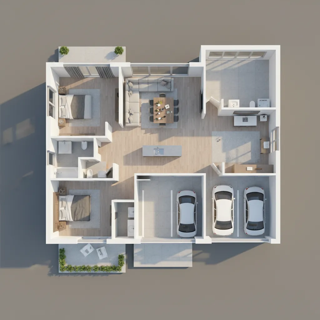 Visualisasi desain rumah 3D dengan area garasi