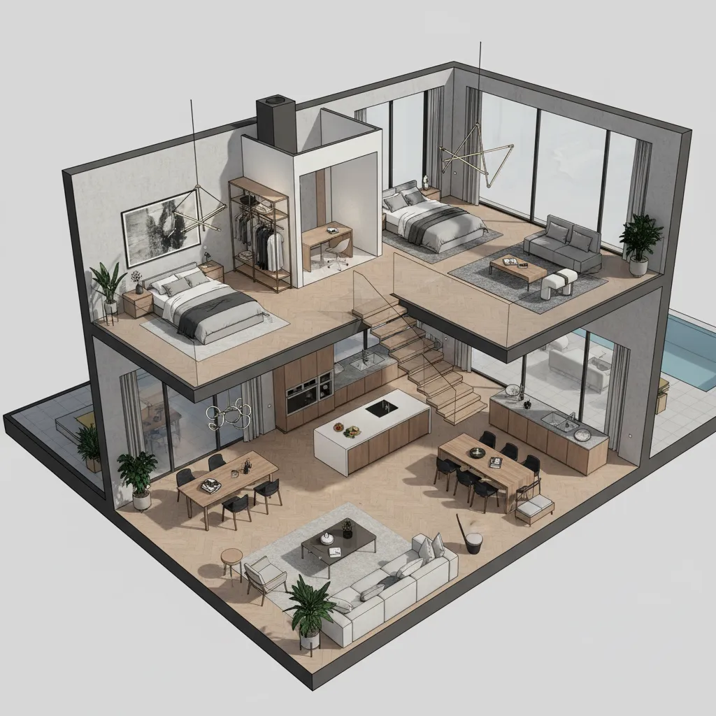 Visualisasi desain rumah dua lantai dalam model 3D