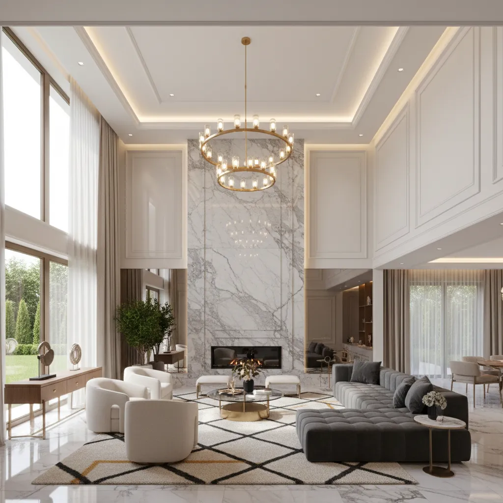 Interior rumah klasik modern dua lantai dengan ruang keluarga luas