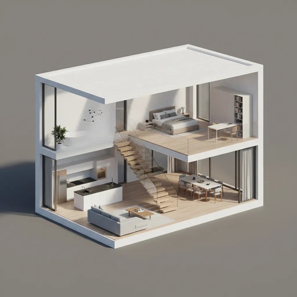 Visualisasi 3D potongan rumah dua lantai