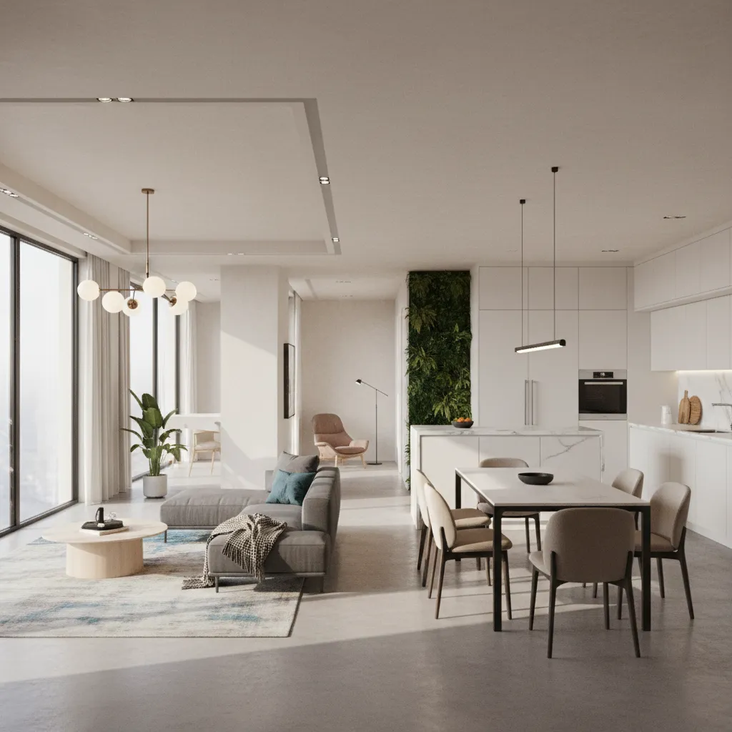 Modern open plan living room with grey sofa, white dining table, ceiling light, and windows