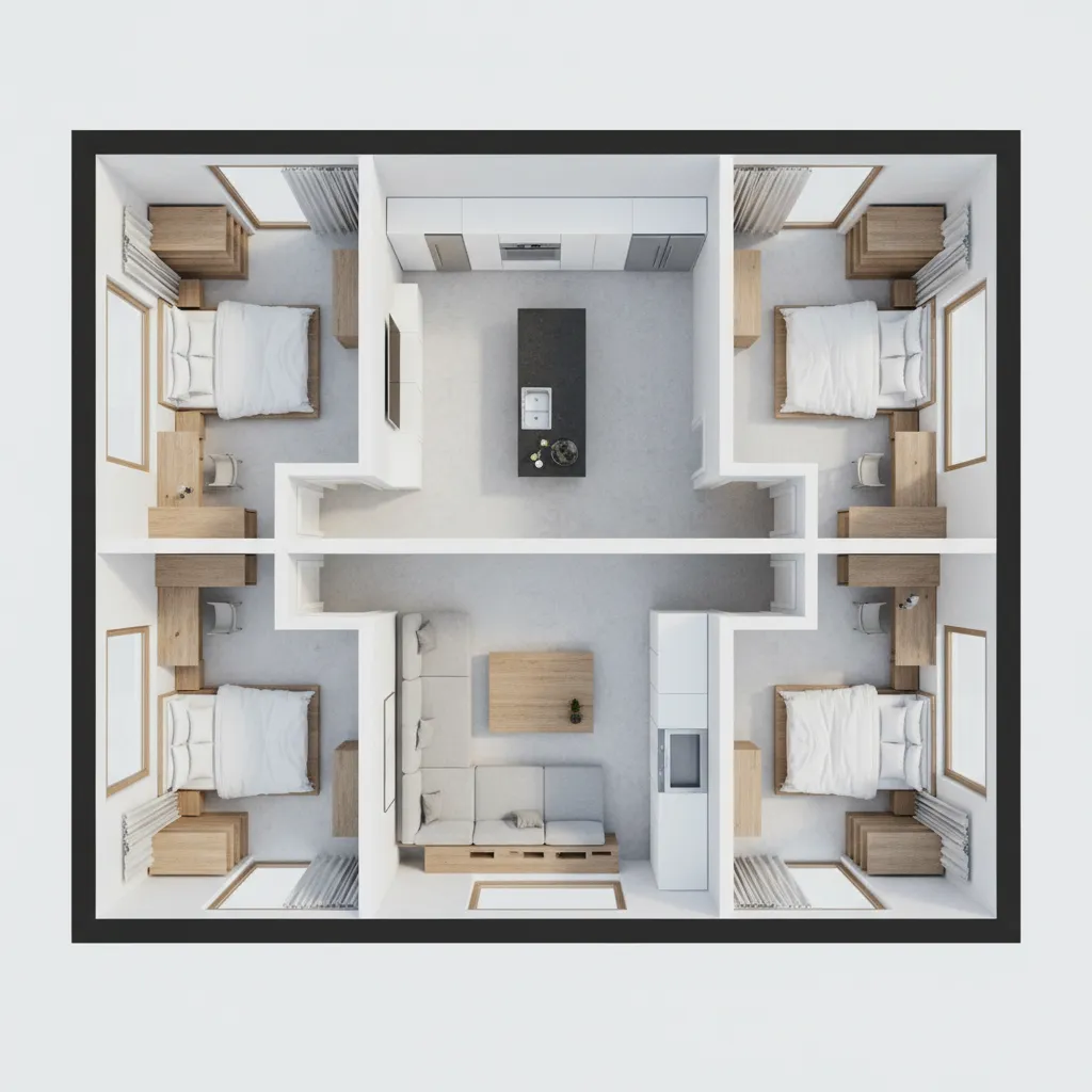 Interior design drawing showing top view of house with four bedrooms kitchen and living area