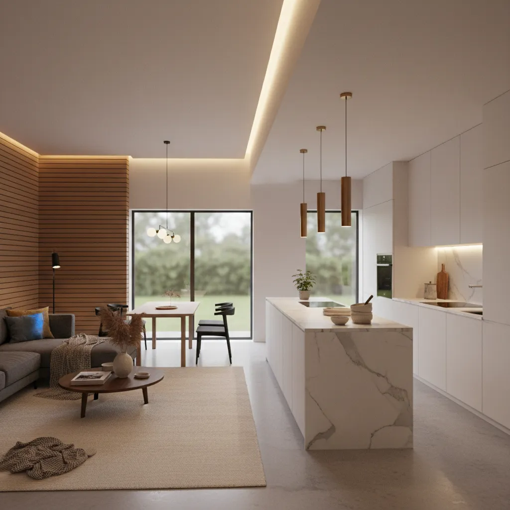 Visualisasi interior rumah dalam bentuk render 3D realistis