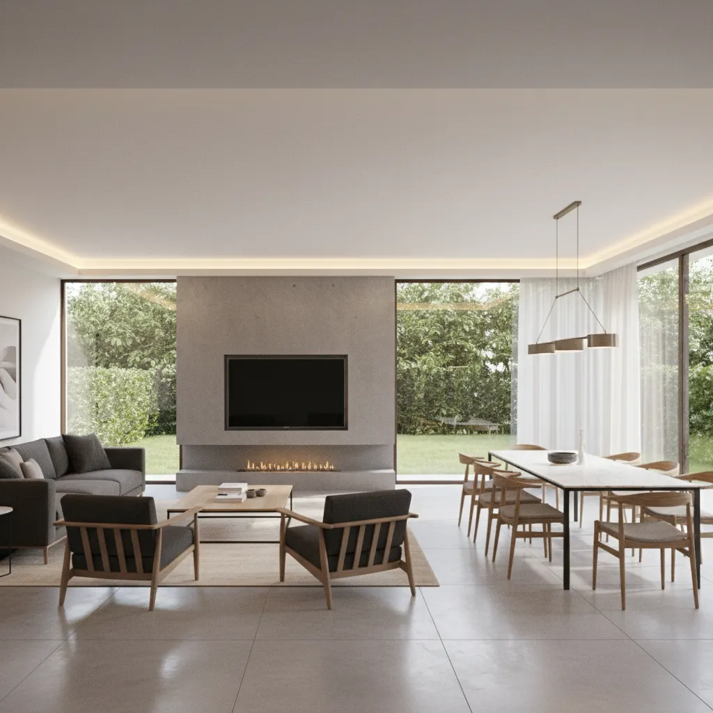 Visualisasi 3D interior rumah modern sederhana