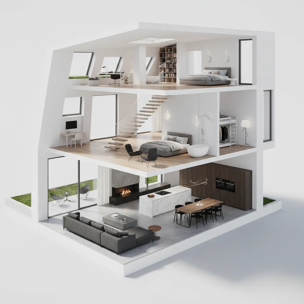 Visualisasi rumah dalam tampilan 3D dari denah