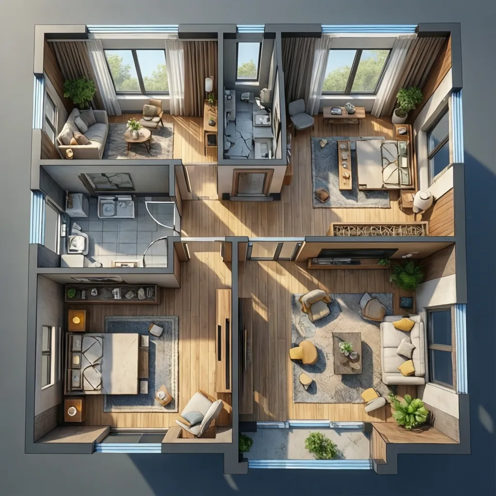 Top view interior design drawing of apartment layout with furniture wooden floor and natural light