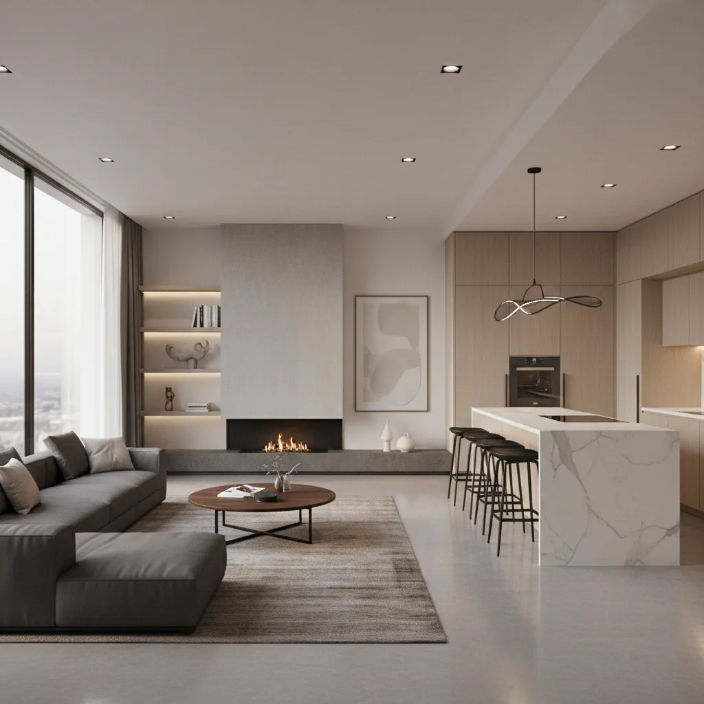 Modern living room with grey sofa fireplace marble kitchen island and minimalist hanging light fixture
