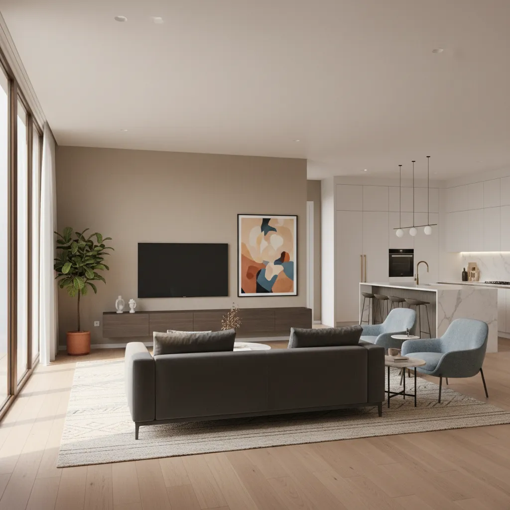 Modern living room with grey sofa and blue chairs next to a marble kitchen island