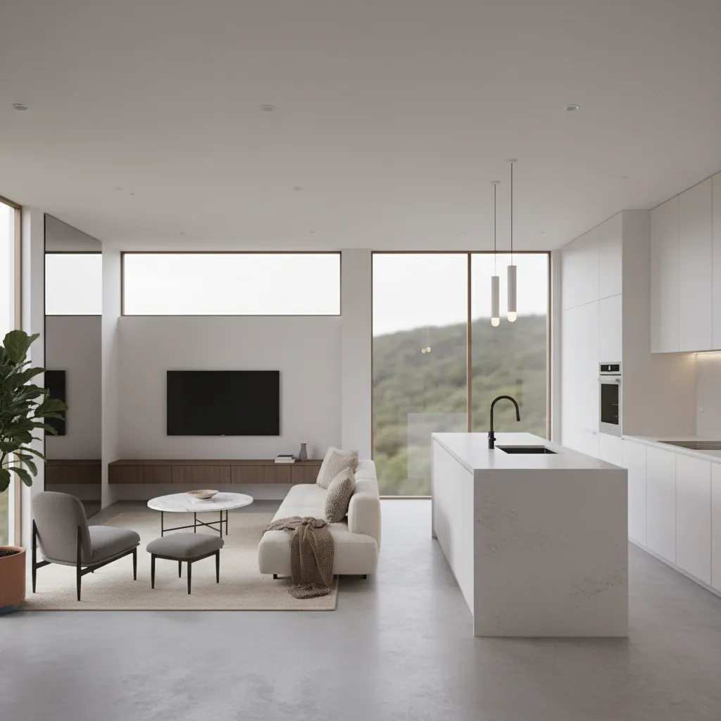 Modern open plan kitchen living room with white cabinets kitchen island sofa and mountain view