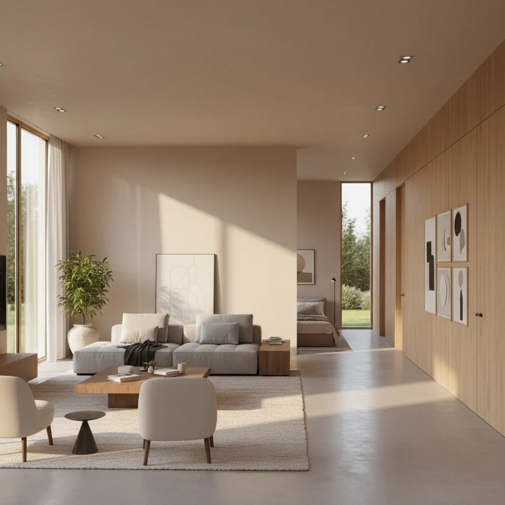 Bright minimalist living room with grey sofa wooden wall panel rug and large sunny window