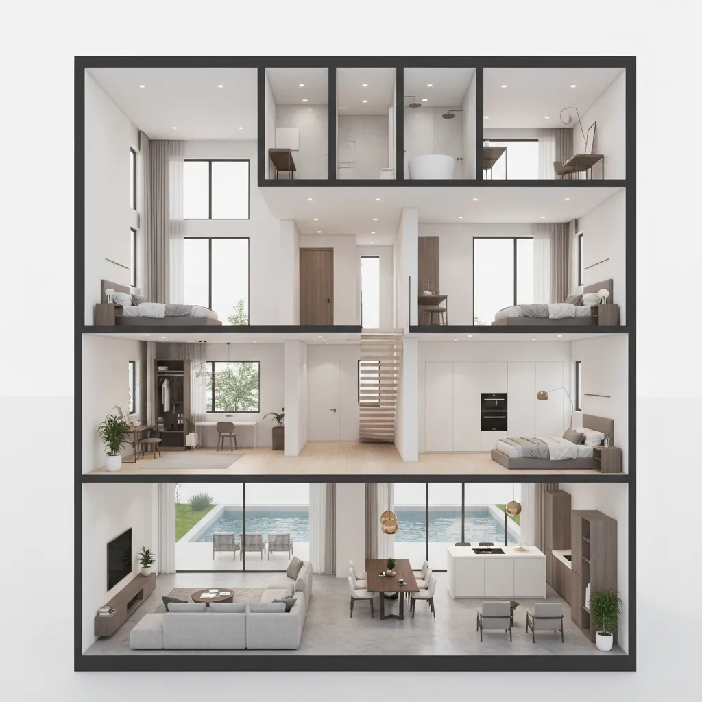 Interior design drawing showing a multi floor house with bedrooms living room and swimming pool