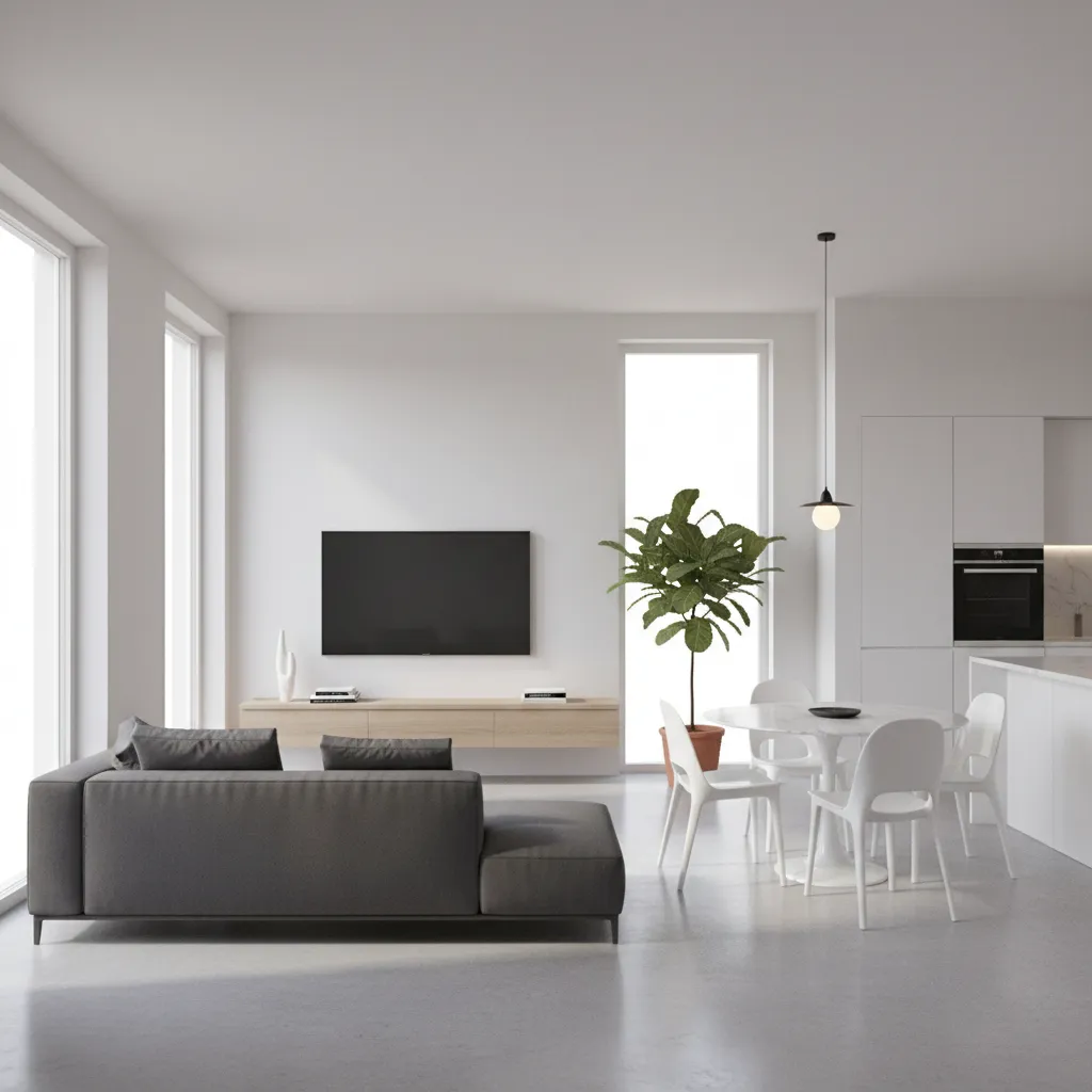 Visualisasi 3D interior rumah kecil modern