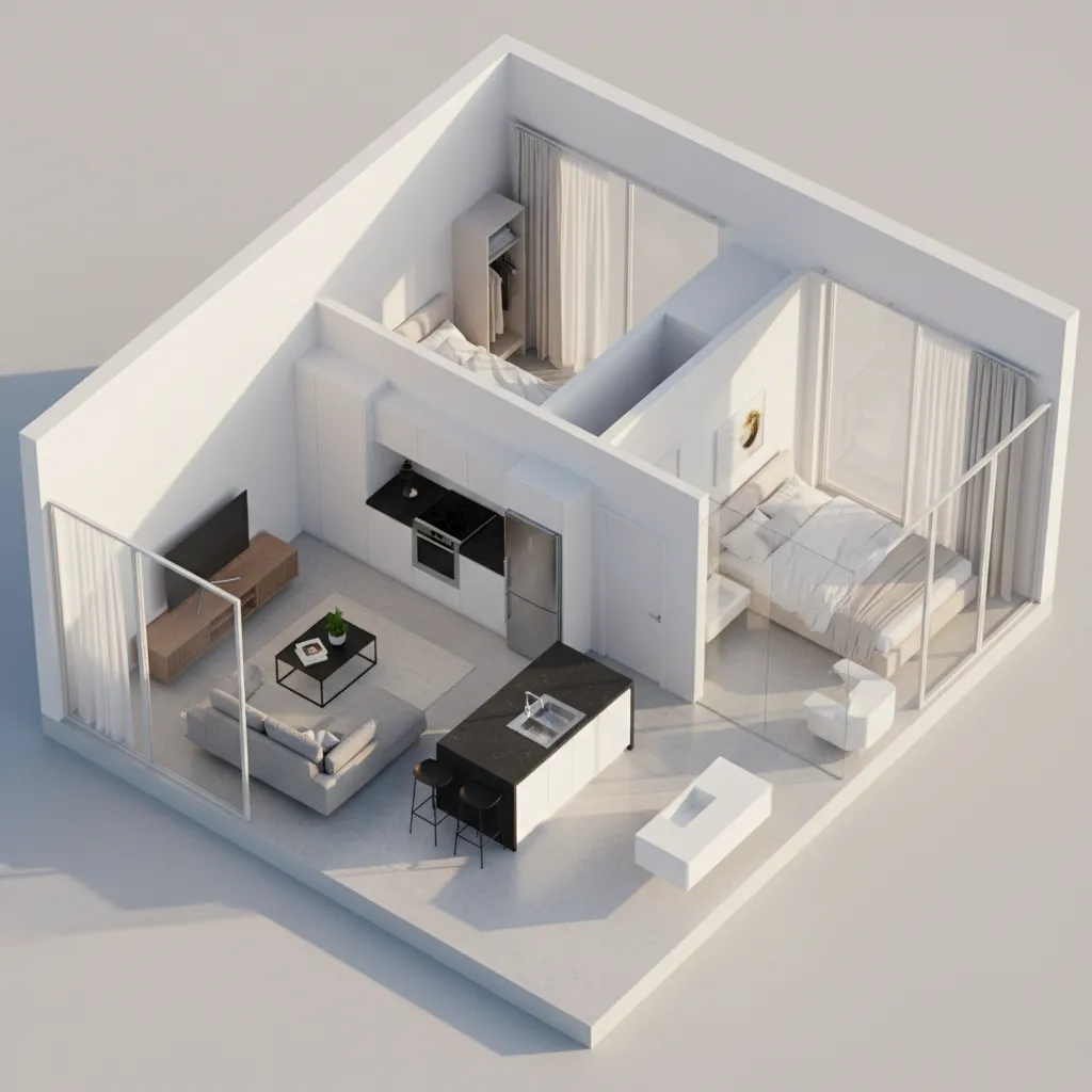 Visualisasi tiga dimensi rumah kecil dua kamar