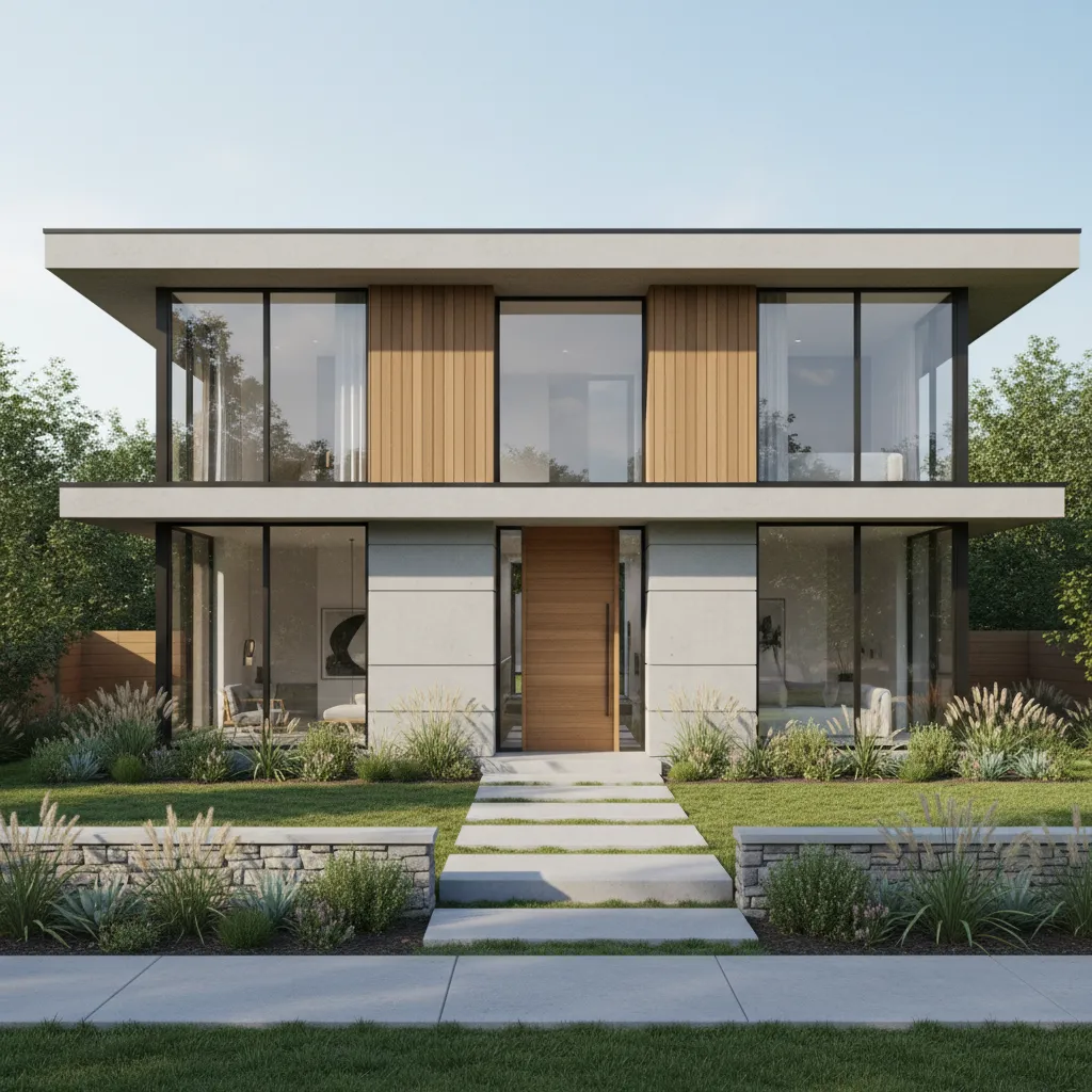 Visualisasi rumah dua lantai modern dari perspektif luar