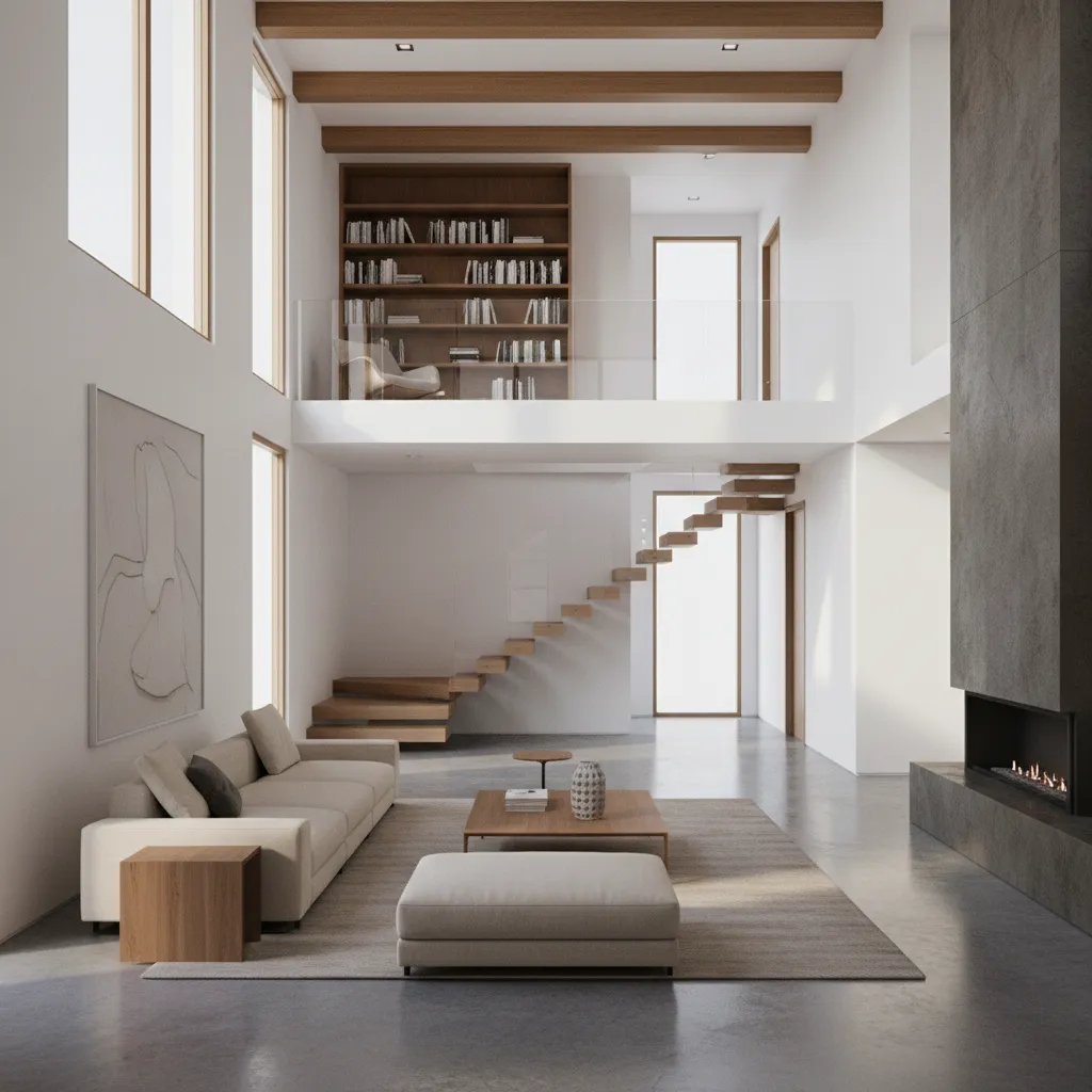 Modern white living room with high ceiling wood beams sofa footrest stairs and a fireplace