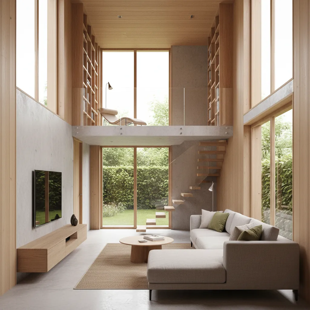 Visualisasi 3D interior rumah kecil dua lantai