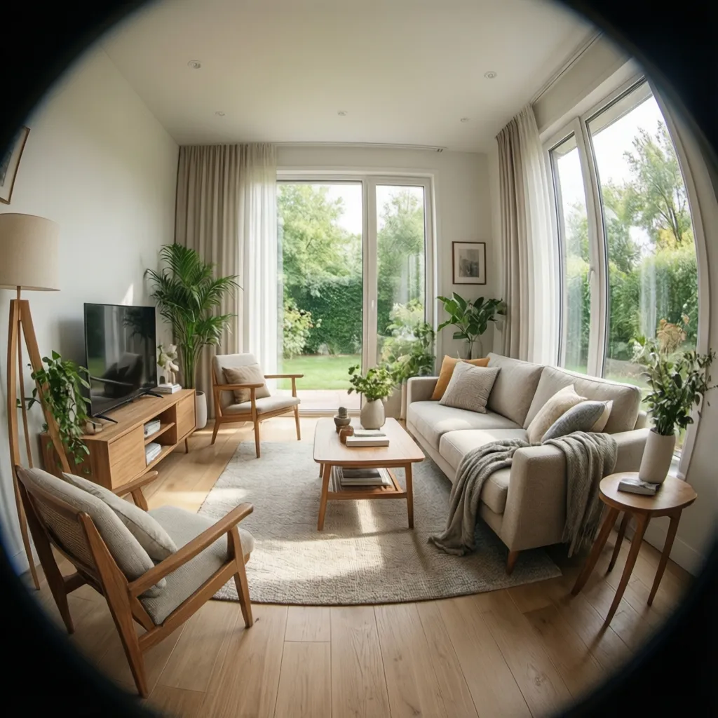 Bright living room with beige sofa wooden coffee table green plants and large glass doors