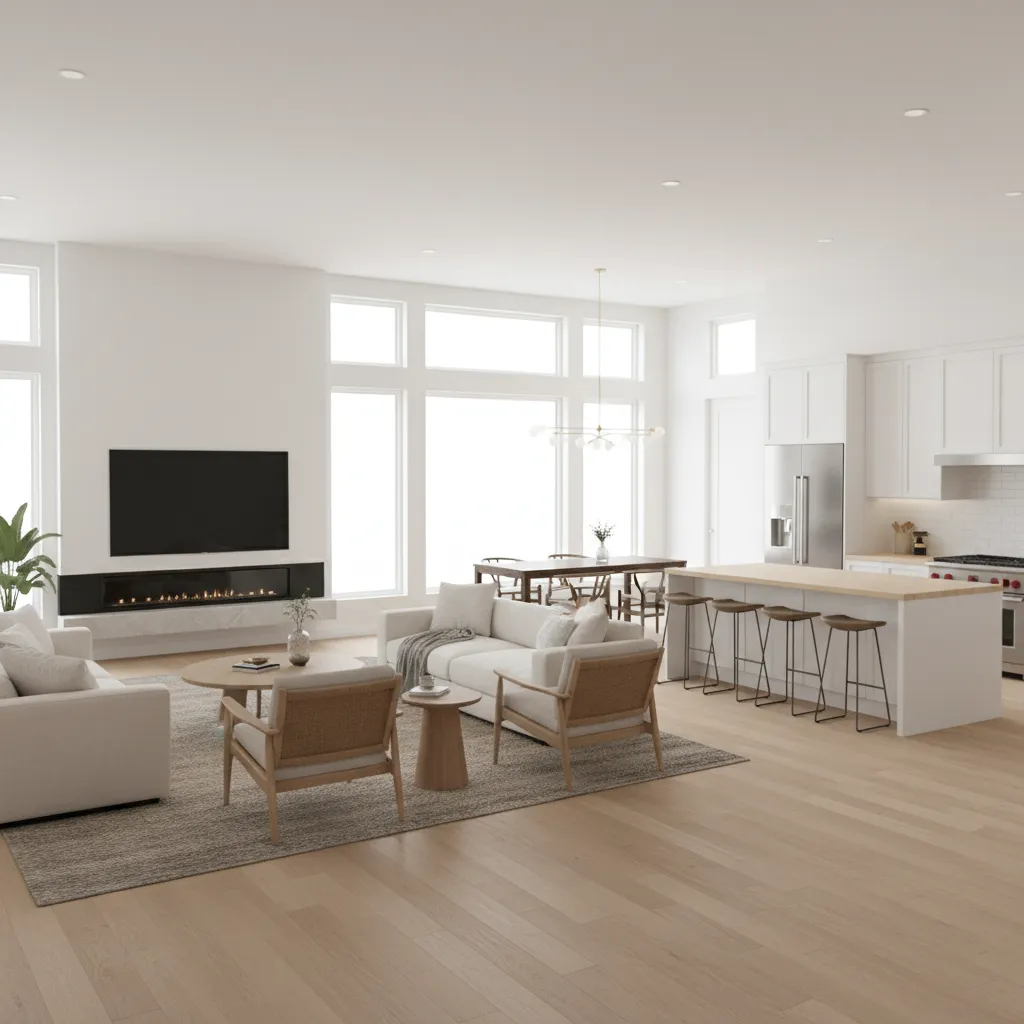 visualização 3D de sala e cozinha criadas em aplicativo de design