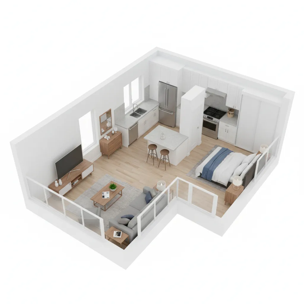 visualização 3D de planta residencial com móveis e layout completo
