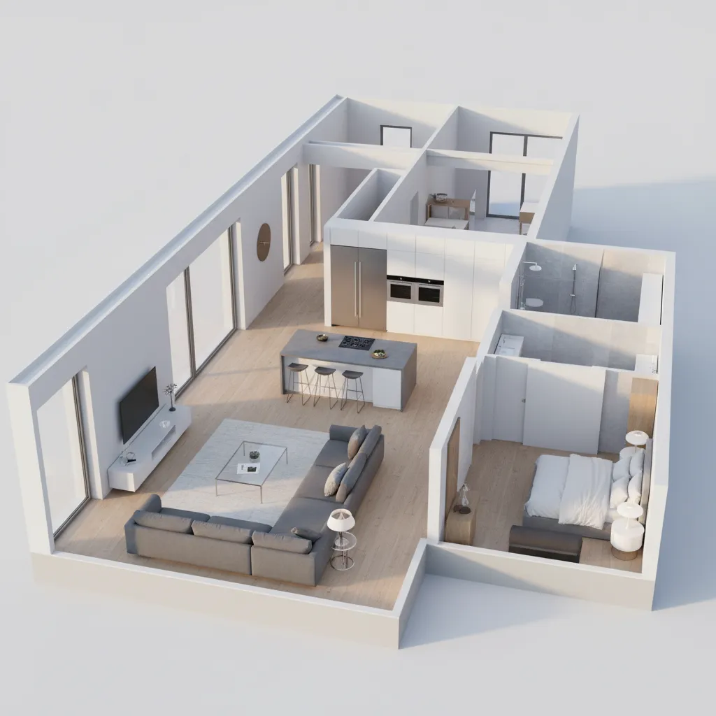 visualização completa de casa em 3D gerada por software de planta residencial
