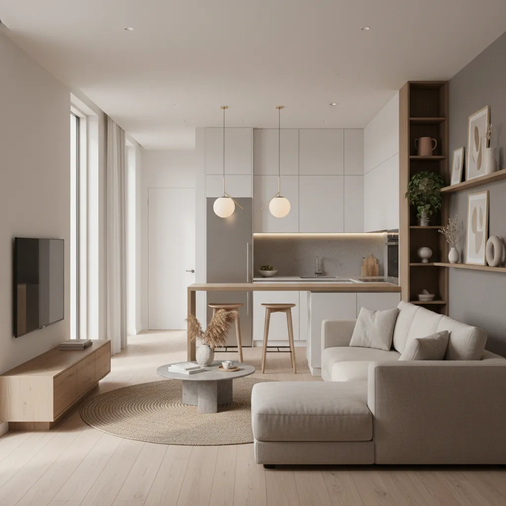 visualização 3D de interior de casa com sala e cozinha integradas