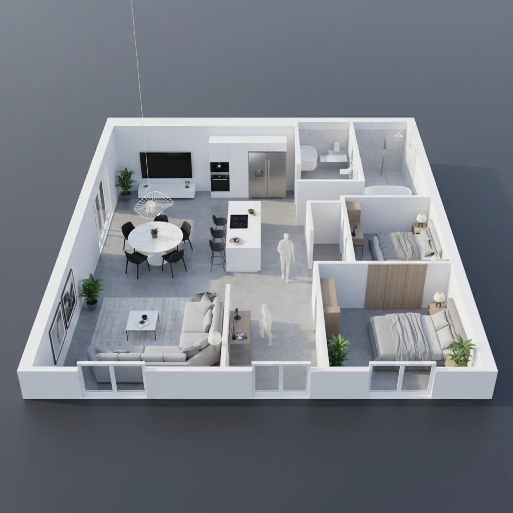 Visualização 3D simples de planta baixa de casa gerada por software