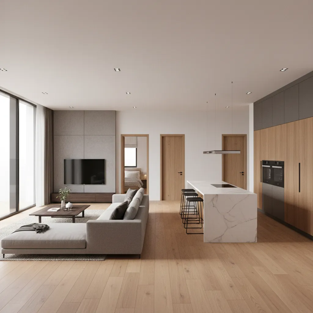 Visualización 3D de una casa con tres dormitorios y salón abierto