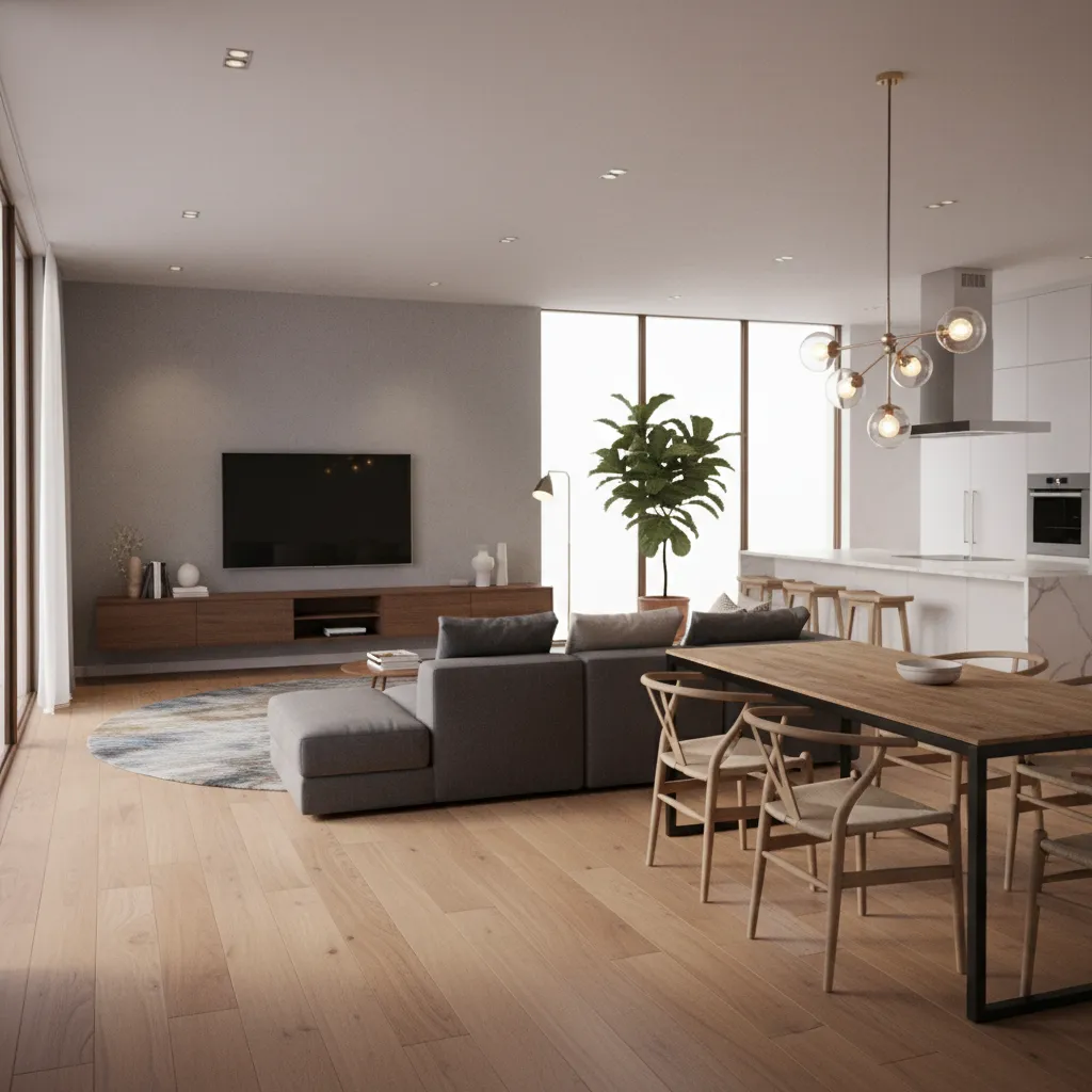 Modern living room with grey sofa wooden table television cabinet and gold glass ceiling light