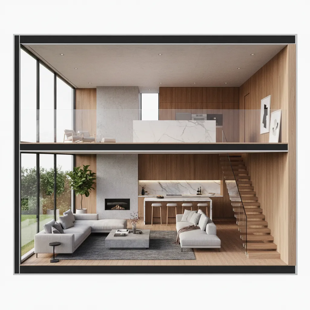 Render 3D de una casa moderna mostrando interior y distribución