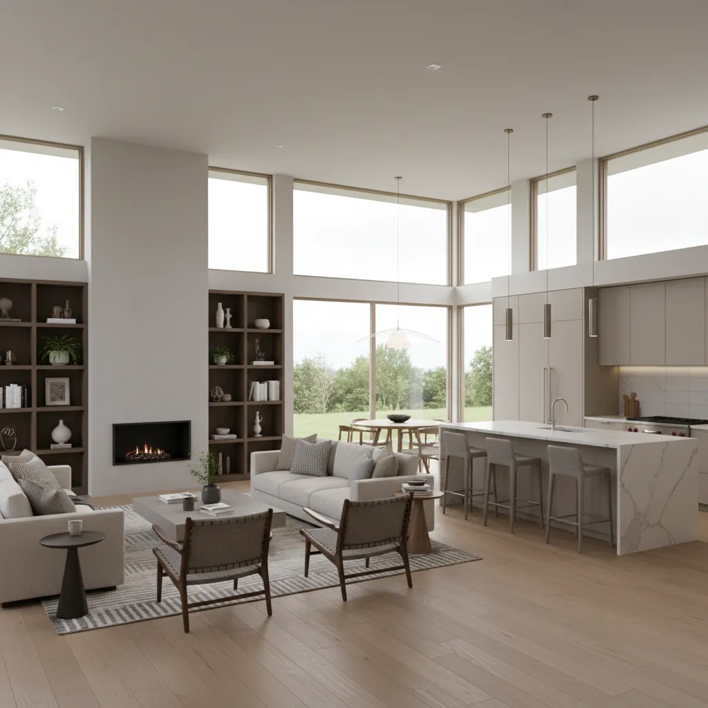 Visualización 3D de una casa moderna con salón y cocina abierta