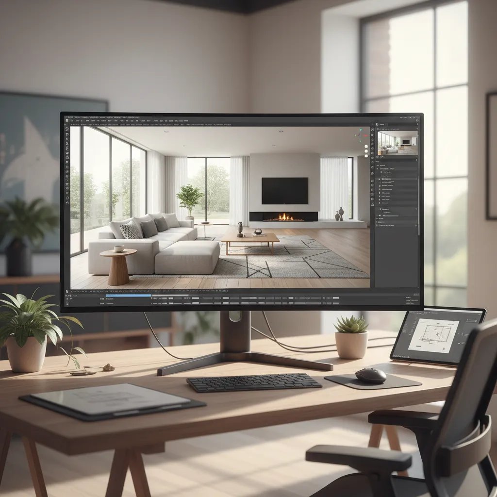 Modelo 3D de interior de vivienda visto en ordenador