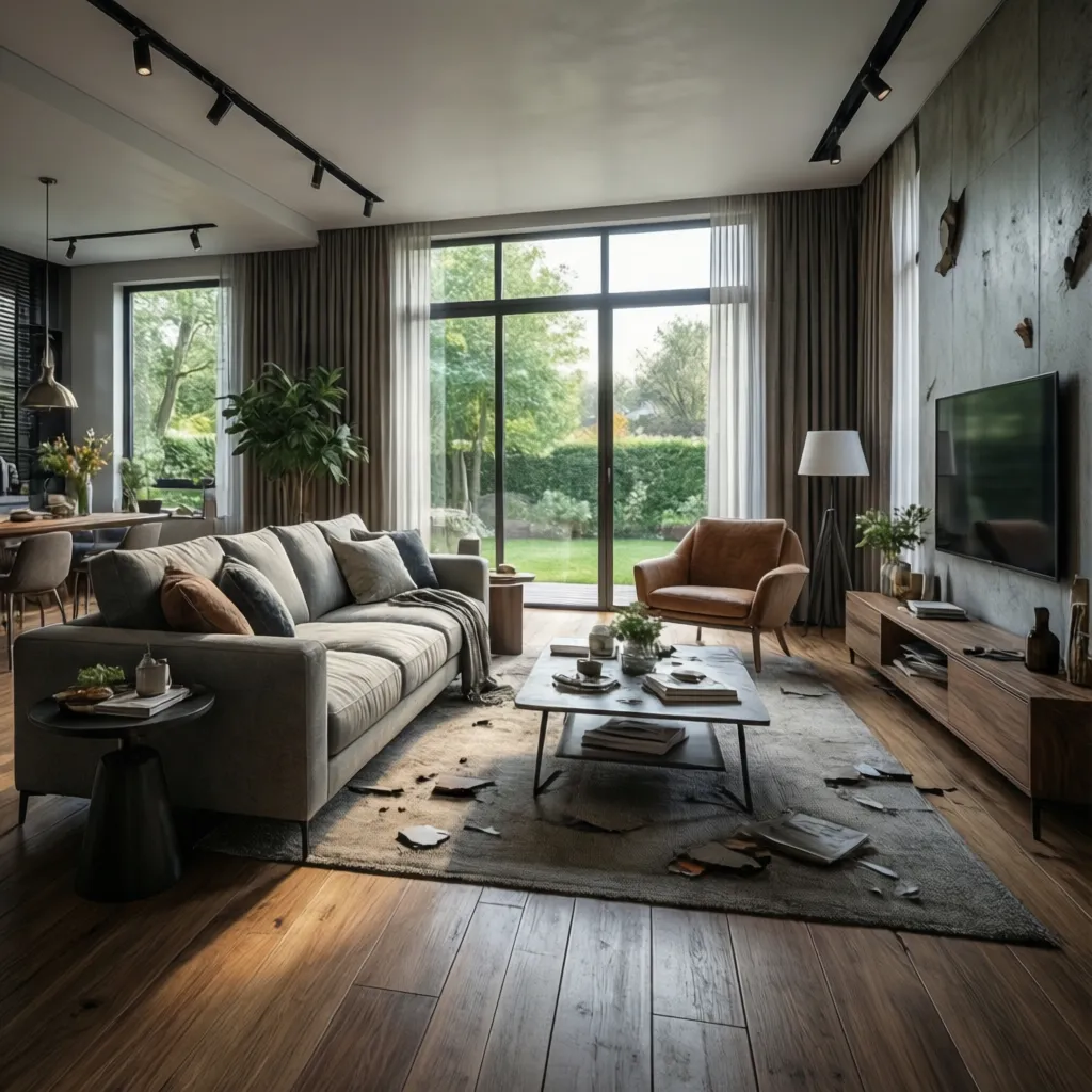 Render 3D realista de interior de vivienda antes de construir