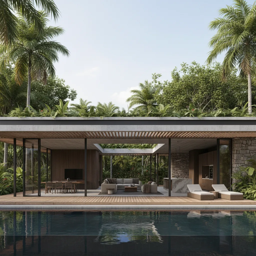 Render 3D de diseño de vivienda tropical