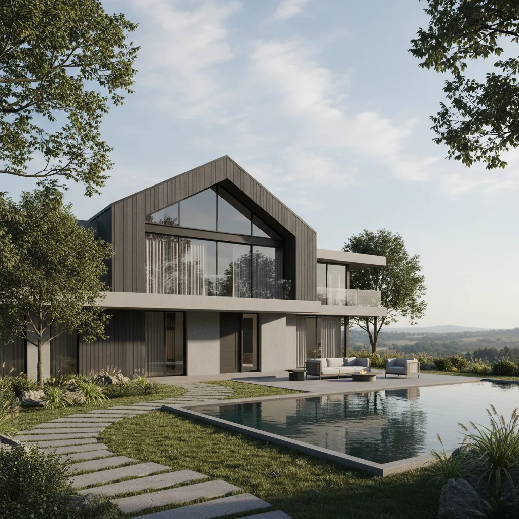 Render 3D de una casa con techo a cuatro aguas