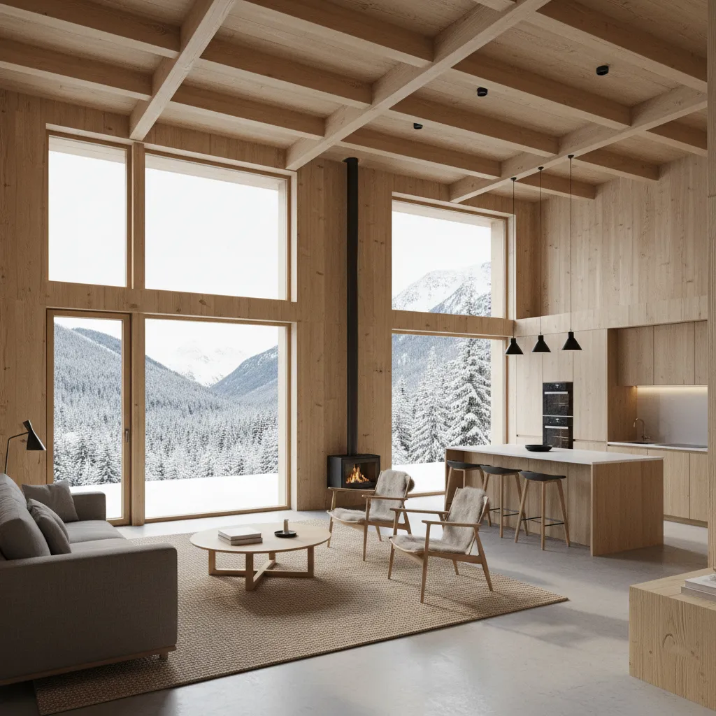 Visualización 3D de una casa de madera moderna