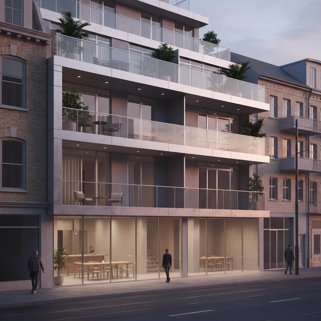 Render 3D de casa moderna con local comercial en planta baja