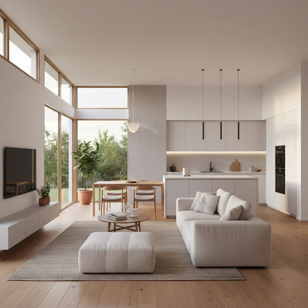 Visualización 3D de interior de una casa pequeña moderna