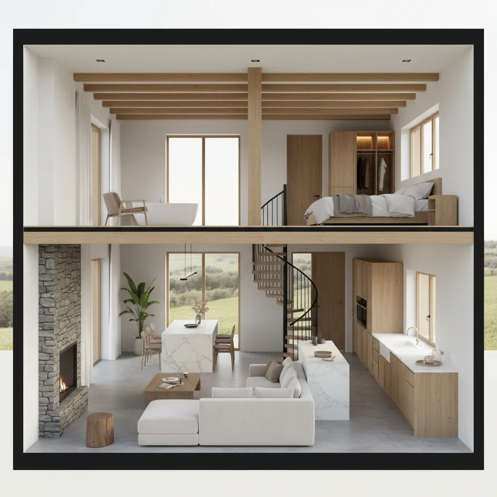 Modelo 3D de una casa campestre mostrando distribución interior