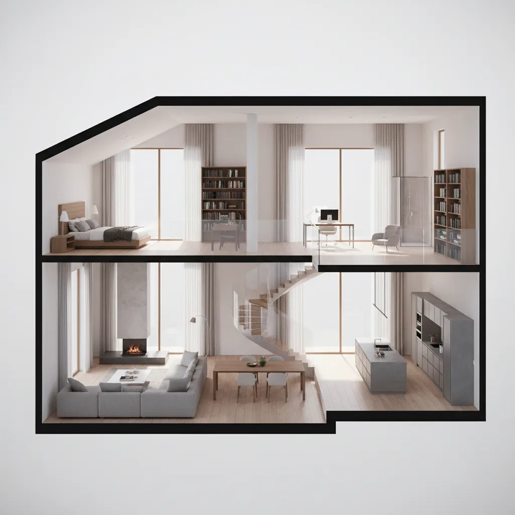 Interior design drawing showing cross section of two story house with kitchen living room and bedroom