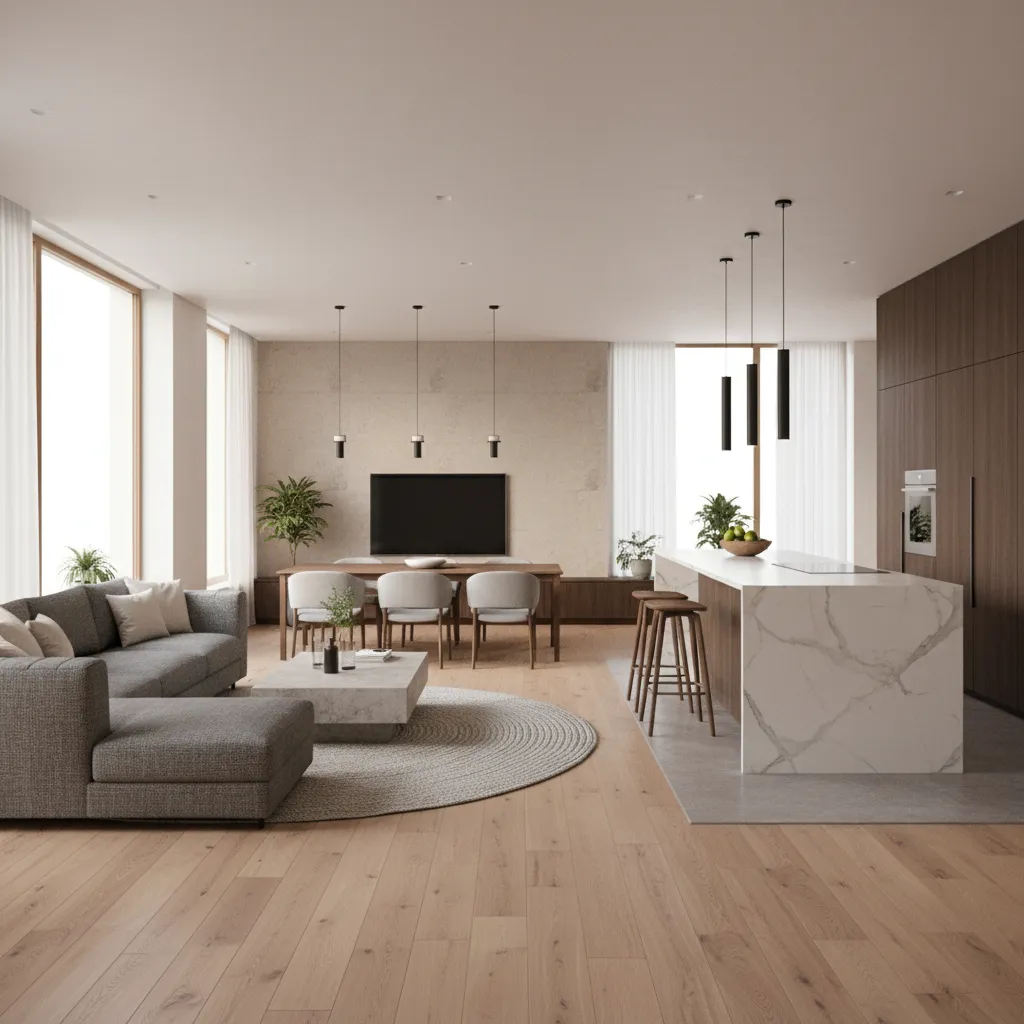 Modern living room with grey sofa wooden floor marble kitchen island and black ceiling lights
