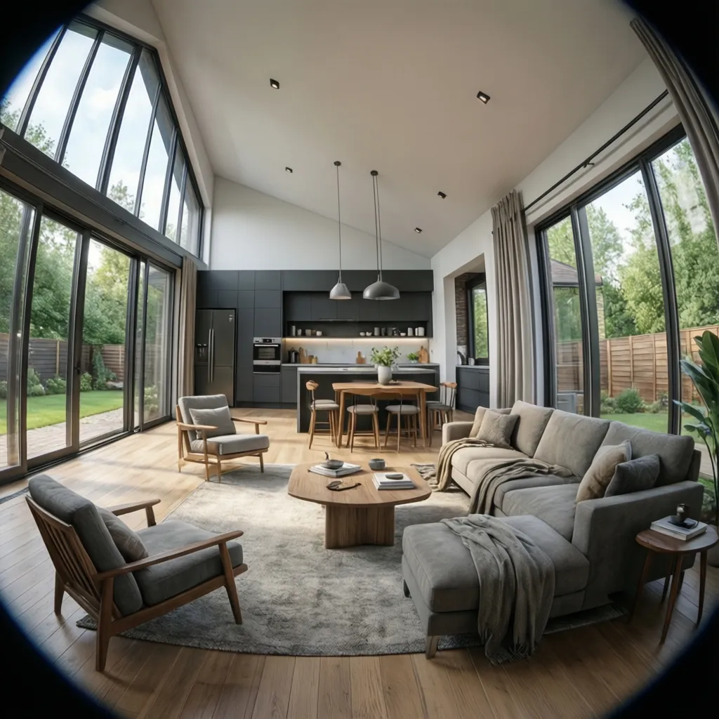 Vista 3D realista del interior de una casa moderna de una planta