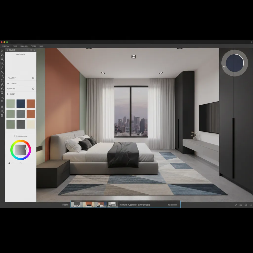 Coohom interior design drawing showing a color selection tool for a modern bedroom wall design