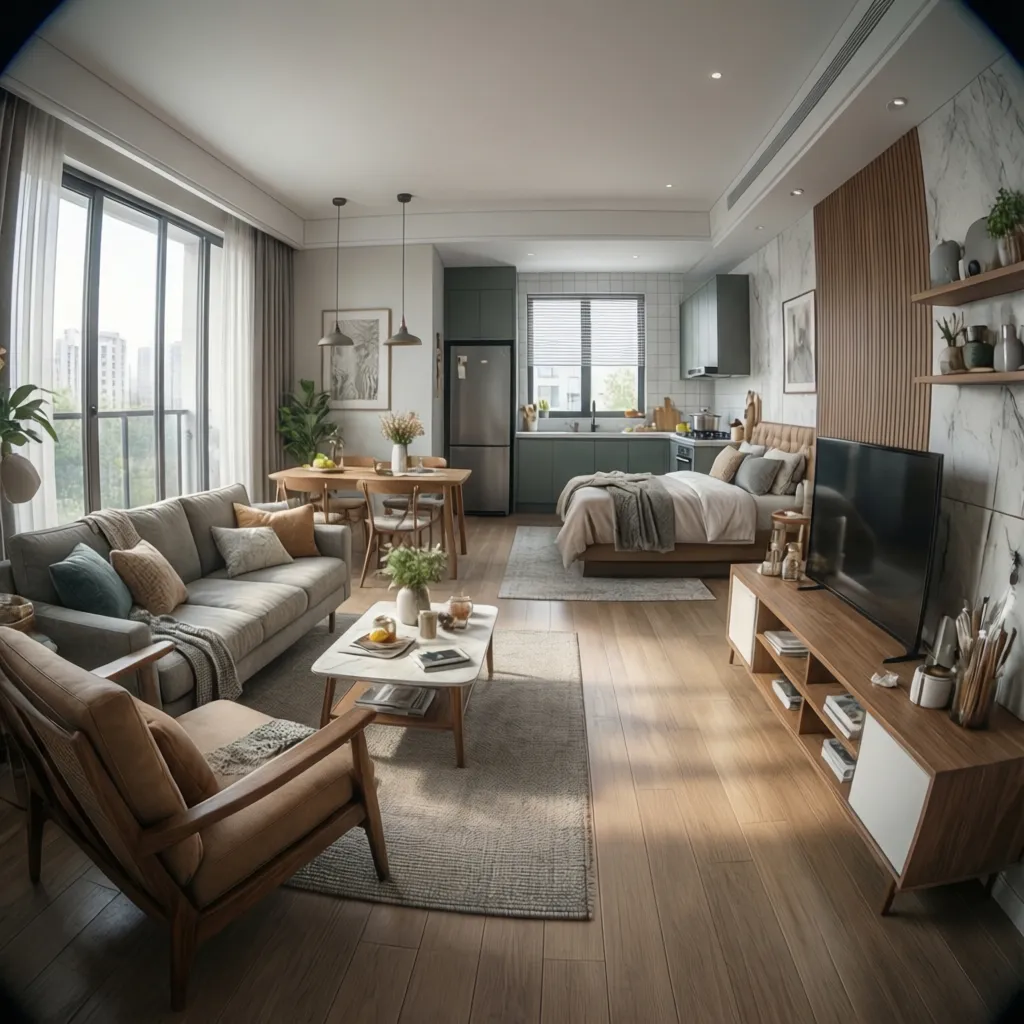 Interior design drawing showing a small studio with sofa bed dining table and wooden floor