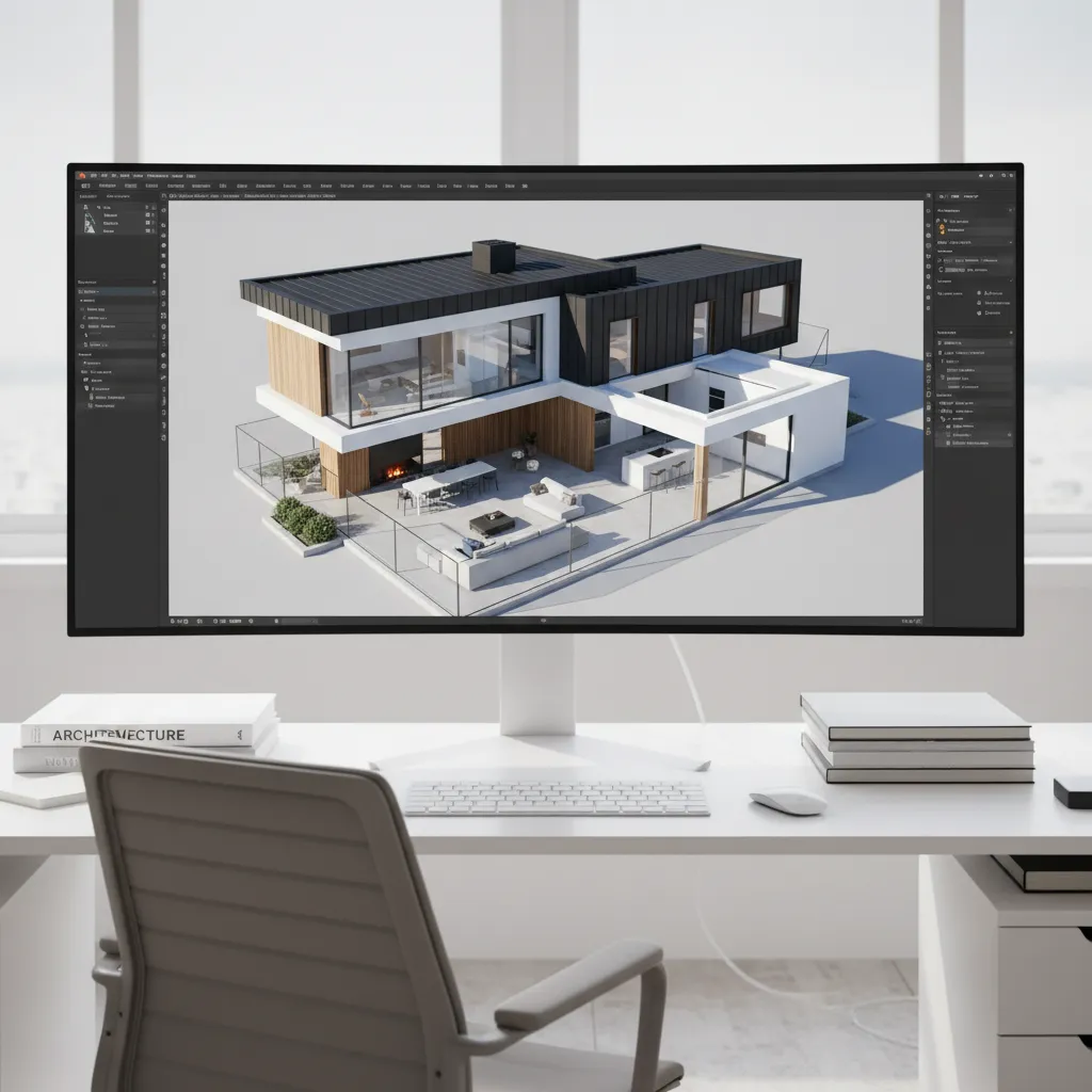 Computer monitor showing a modern house interior design drawing on a white desk with books