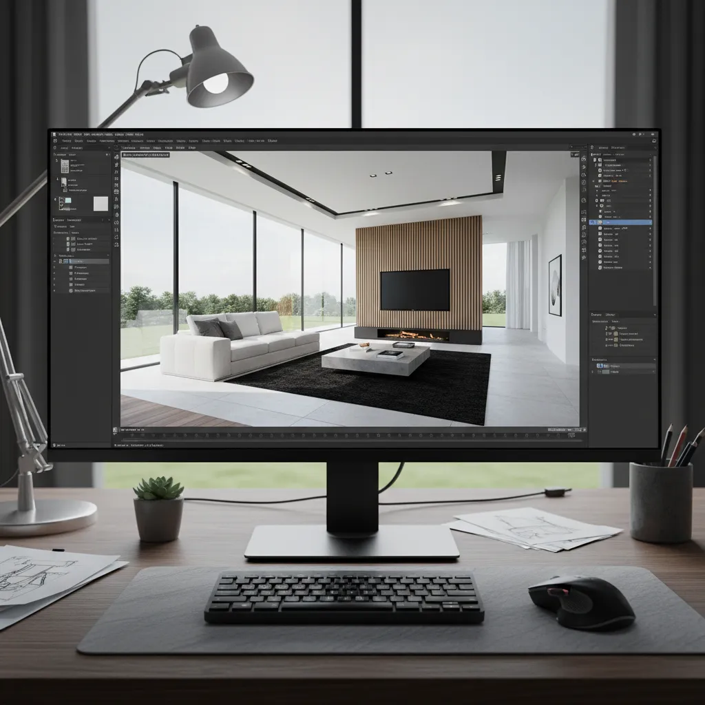 Pantalla de ordenador mostrando render 3D de diseño interior de una casa