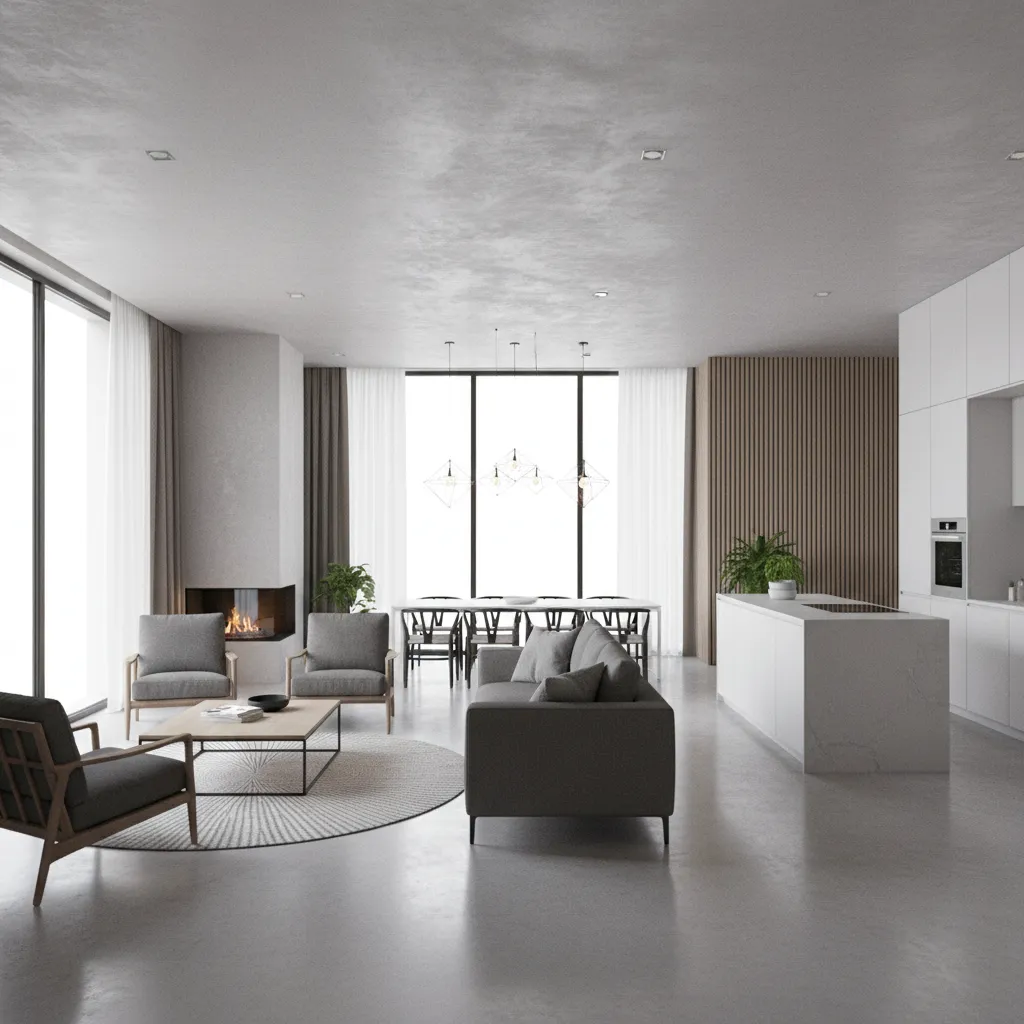 Modern open living area with grey sofa fireplace dining table kitchen island and wall panel